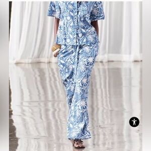 ZARA ZW Collection Printed Pants White Blue Drawstring Rustic SIZE S 2183